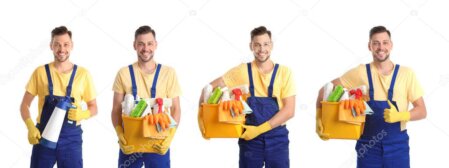 Professionnelle du nettoyage souriante chez un client